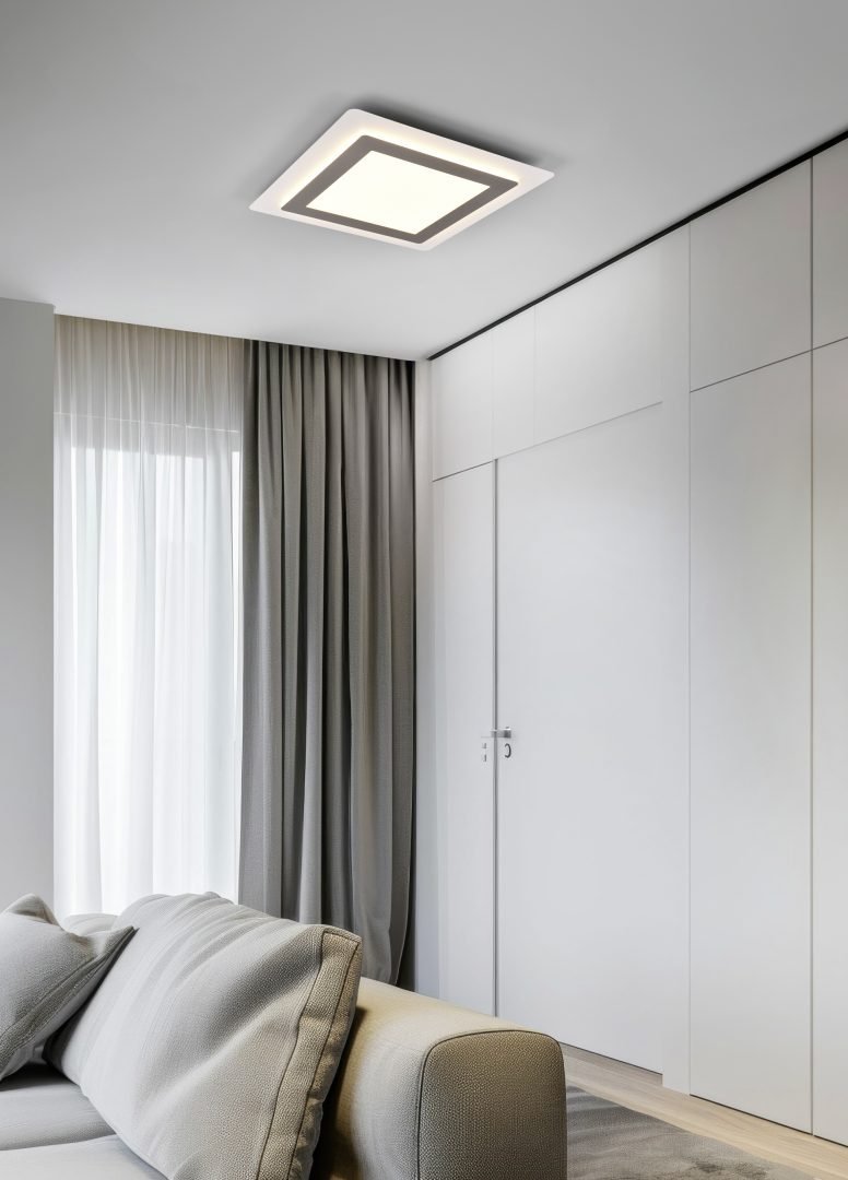 Plafonnier led design, MORGAN ,en métal finition nickel mat, variateur avec télécommande. – Image 3