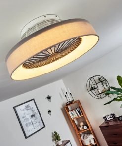 Plafonnier ventilateur avec tissu raffiné, lumière et ventilation réglables à la télécommande.