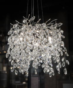 Lustre Arborescence Argentée aux Cristaux Feuilles