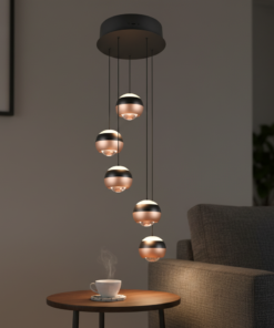 Suspension Orbit 5 lumières – Design allemand moderne noir & bronze .